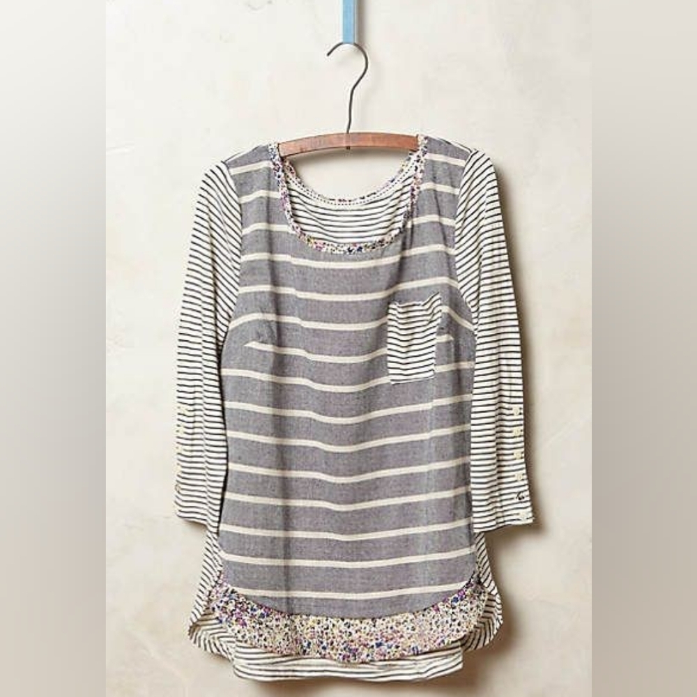 Anthropologie Farrago Mixed Media Striped with Floral Print Shirtail Top Sz: XS